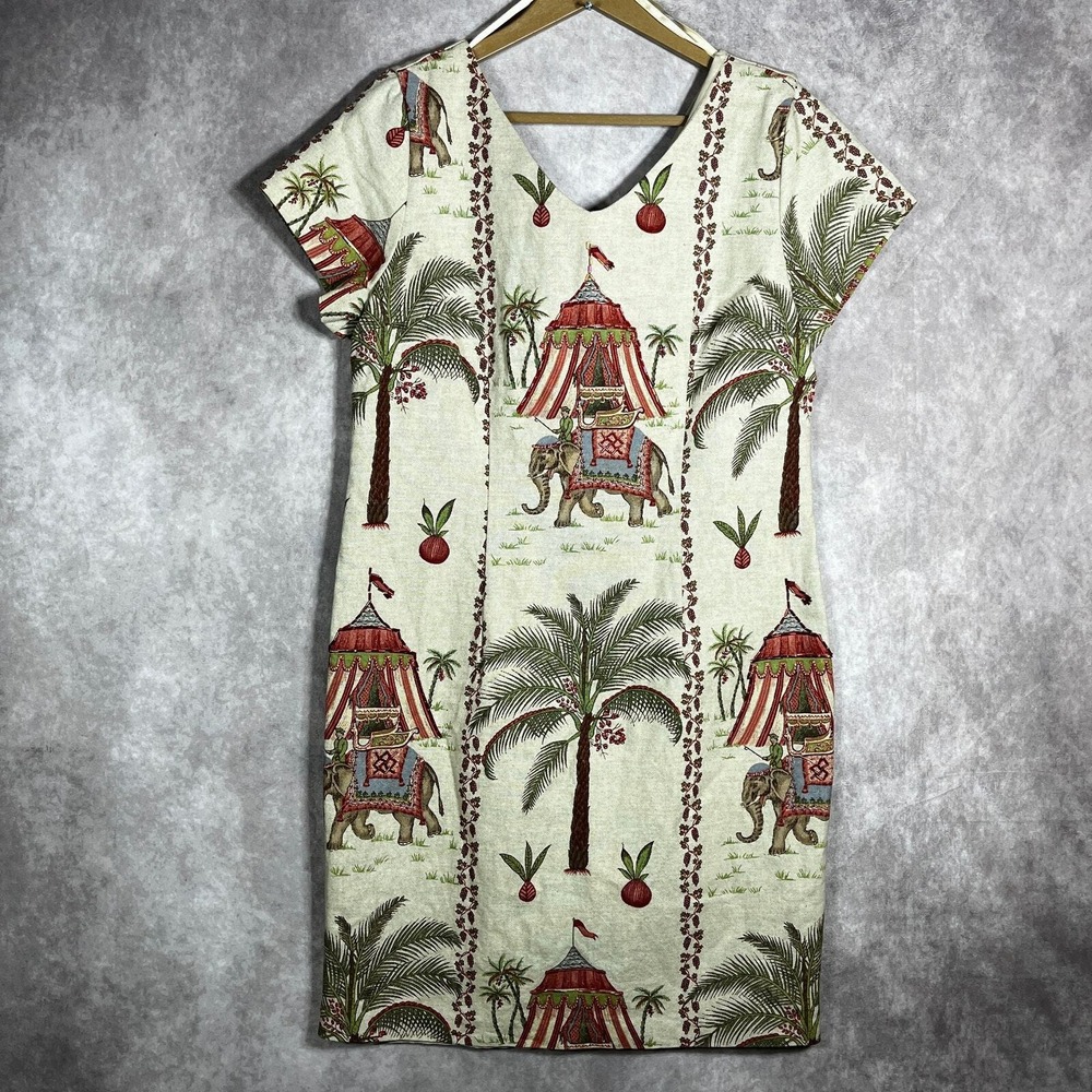Vintage Ultra Dress Women 12 Cream Circus Elephant Knee Length Short Sleeve